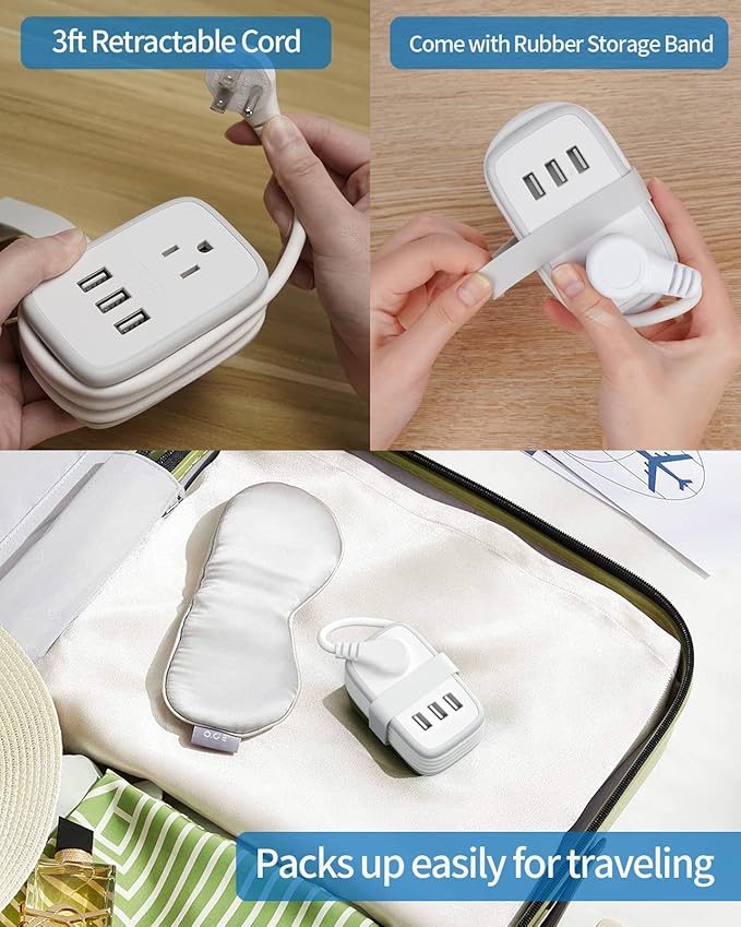 Travel Power Strip with USB 2 Pack, NTONPOWER 2 Widely Outlets 3 USB with 3Ft Short Extension Cord Flat Plug, Small Portable Desktop Charging Station for Cruise Ship Home Office Accessories, White