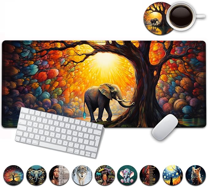 Large Mouse Pad, 31.5 x 11.8in Extended Gaming Mouse Pad with Stitched Edges,XXL Mousepad Protector Non Slip Rubber Base for Office Home Writing Mat, Colorful Tree of Life + Elephant Pattern Desk Mat