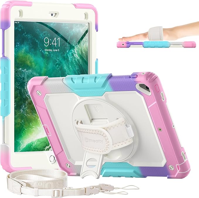Timecity Kids Case for iPad 6th/5th Generation (9.7-inch, 2018/2017), for iPad Air 2, Full-Body Protective Case with Screen Protector, Swivel Stand&Handle, Shoulder Strap for iPad 9.7 inch- Pink Camo