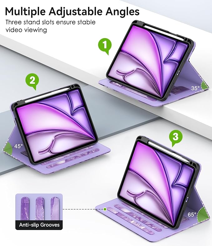 ZoneFoker Case for iPad Air 11-inch M3/ M2 (2025/2024), iPad Air 5th/4th Generation 10.9'' (2022/2020), iPad Pro 11 (4th/3rd/2nd/1st Gen), Multi-Angle Stand Cover with Pencil Holder, Marble Purple