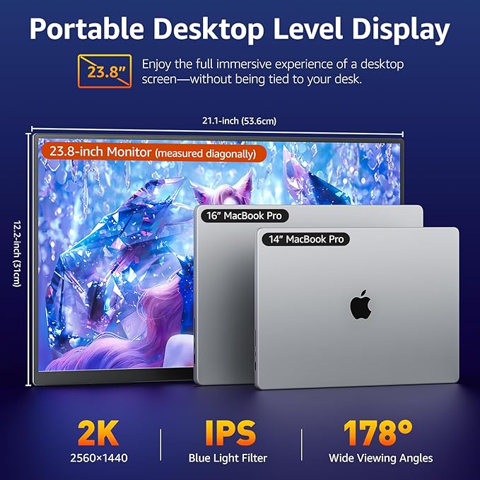 VisionOwl Portable Monitor for Laptop, IPS USB-C HDMI Travel Second Monitor for MacBook Pro Air, PC, PS5, Xbox, Portable Second Screen, Built-in Kickstand, Speakers, VESA Mountable, 23.8 Inch