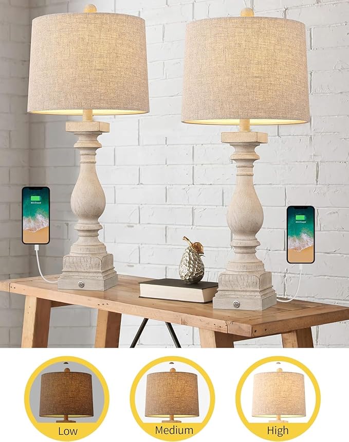 BOBOMOMO 27" Farmhouse Black Table Lamp Set of 2 with USB A+C for Bedroom Living Room Vintage Rustic Traditional Nightstand Bedside Lamps Retro Side Table Lamps (Blubs not Included)
