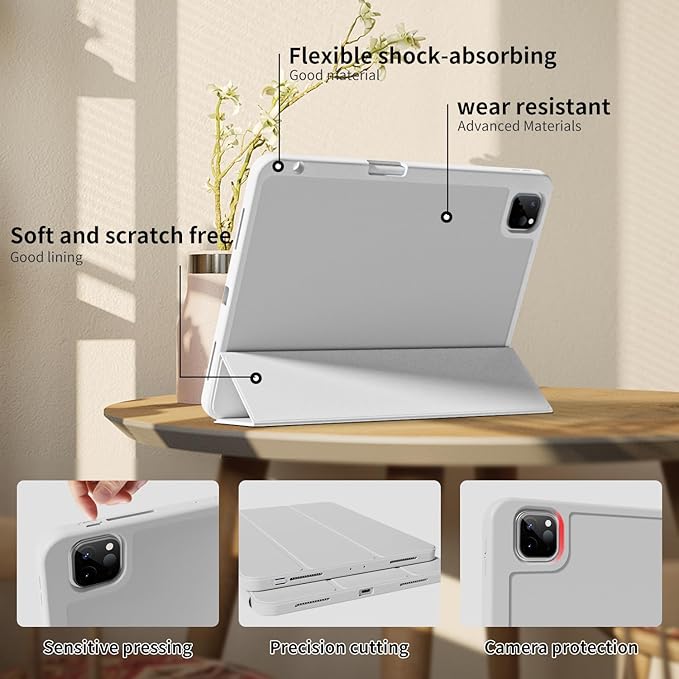 New iPad Pro 13 Inch Case (M5) 2025 / (M4) 2024 with Pencil Holder | Slim Protective Trifold TPU Back | Support Apple Pencil Pro & USB-C Charging | Auto Wake/Sleep (Gray)