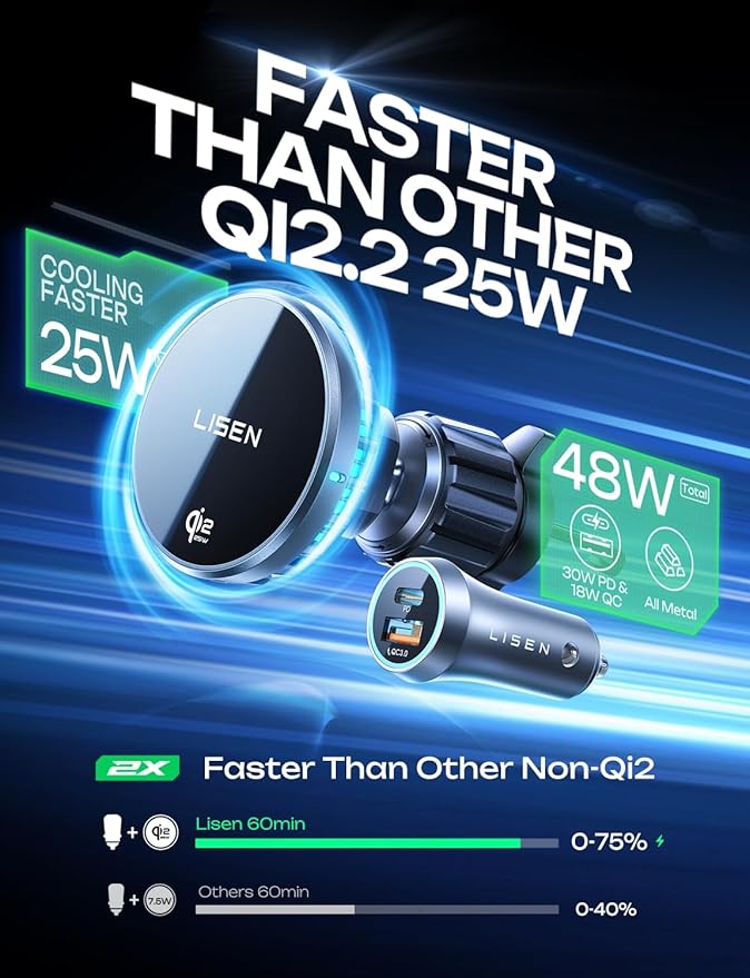 LISEN Qi2.2 25W MagSafe Car Mount Charger [2026 Upgraded with TEC Cooling] Qi2.2 25W Wireless Car Charger Magnetic Car Phone Holder Charger for iPhone 17/16/15/14/13/12,Samsung S26/S25, Vent