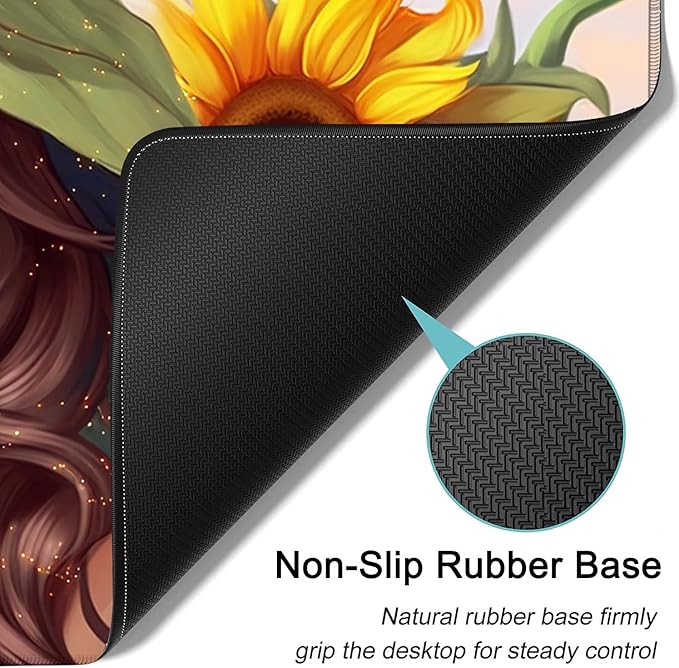 Large Mouse Pad, 31.5 x 11.8in Extended Gaming Mouse Pad with Stitched Edges, XXL Mousepad Protector Non Slip Rubber Base for Office and Home Writing Mat, Anime Sunflower Girl Pattern Desk Mat