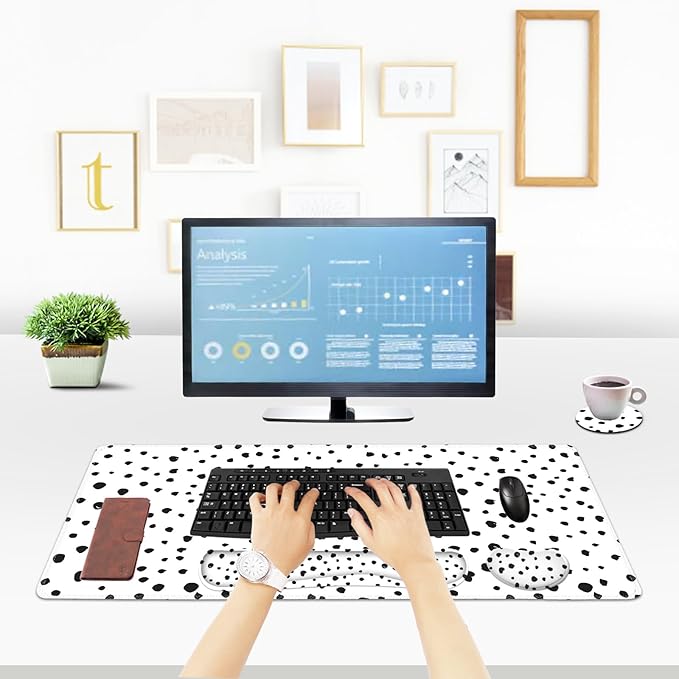 ToLuLu Extended Gaming Mouse Pad, Memory Foam Ergonomic Keyboard Mouse Wrist Rest Support Set, Large Desk Mat with Stitched Edges, Non-Slip Base Mousepad for Home Office Game and Study, Polka Dots