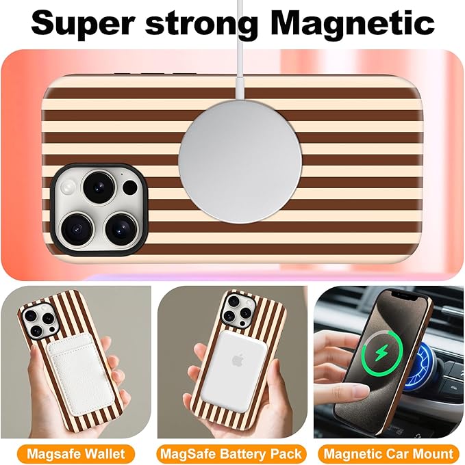 Magnetic for iPhone 16 Pro Max Case Cute Stripes Phone Case, Shockproof Slim TPU and Hard PC Protective Phone Cover Compatible with MagSafe Designed for Women Girls, Brown