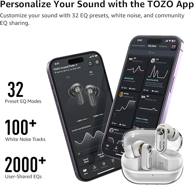 TOZO Crystal Pods Hybrid Active Noise Cancelling Wireless Earbuds, 10mm Drivers Deep Bass, 4 Mics Smart ENC AI Calls, Real-Time AI Translation, 32 EQ via App, Bluetooth 5.4, Crystal Design