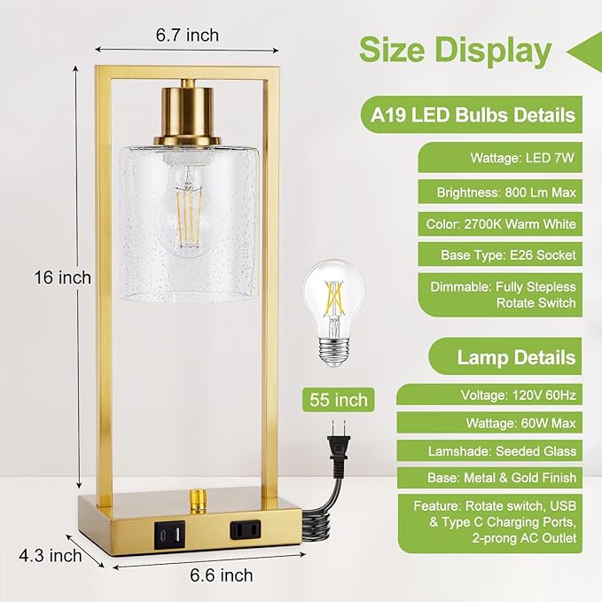 16" Desk Lamps for Home Office, Bedside Lamps with USB C+A Ports and Outlet, Gold Fully Stepless Dimmable Industrial Table Lamps with Seeded Glass Shade for Reading Living Room, LED Bulbs Included