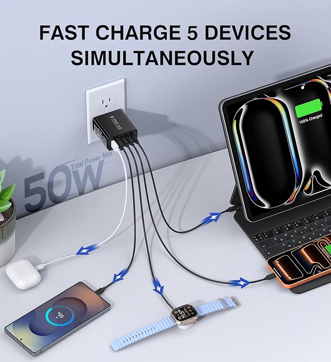 [2-Pack] USB C Wall Charger, 50W Type C Charger Block 5-Port Fast Charging Blocks,3USB C+2USB A Multiport Plug,PD Power Adapter Brick Cube for iPhone 17/16/15/14/13/Pro,iPad,Samsung,for Switch（Black）