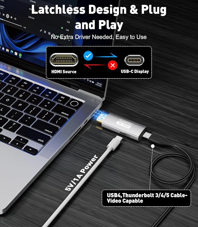 UANTIN HDMI to USB C Adapter (4K 60Hz) Uni-Directional HDMI (Source) to Type-C (Display) Male to Female Compatible with Laptop,PS5,XR/AR Glasses,Portable Monitor, Not Charging The Device