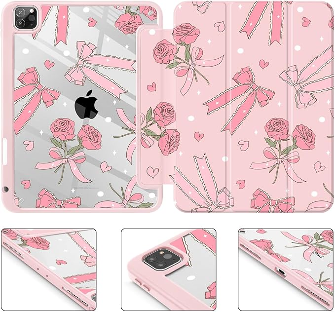 Tuiklol for iPad Pro 12.9 Inch 6th/5th/4th/3rd Generation 2022 2021 2020 2018 Case,Built-in Pencil Holder Clear Transparent Protective Back Shell Cover with Auto Sleep/Wake, Bow & Rose