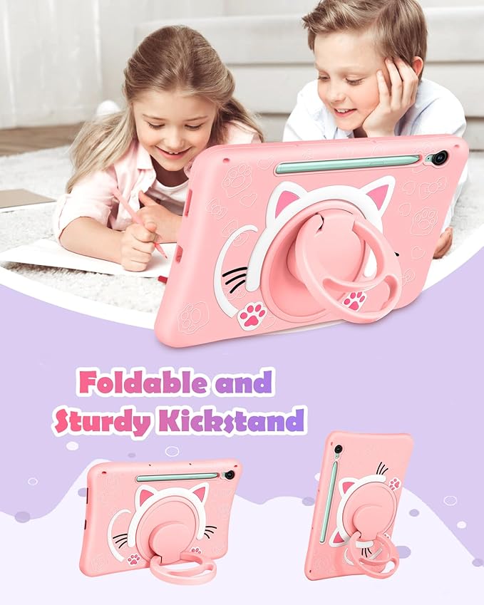 Wazzasoft for Galaxy Tab S10 FE/S9 FE Case 10.9 Inch - Girls Cute Cat Kitten 3D Cartoon Women Soft Silicone Tablet Cover for Samsung Galaxy S9 FE with Rotating Stand & Strap Funda para Tab S10 FE 5G