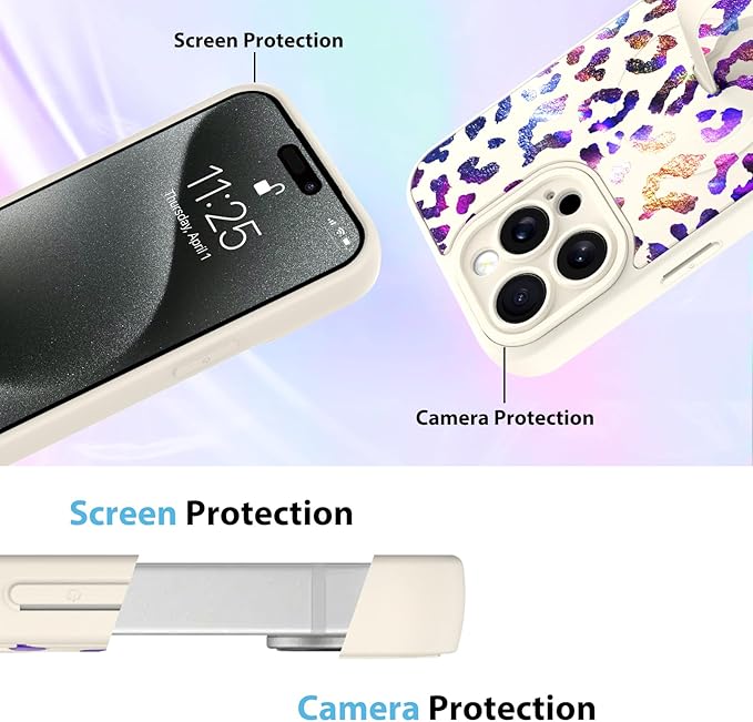 KANGHAR Compatible with iPhone 15 Pro Max Case, Support for MagSafe, Silicone Cute Iridescent Leopard Cheetah Pattern, Wristband Kickstand Shockproof Protective Slim Cover for Women Girls, White