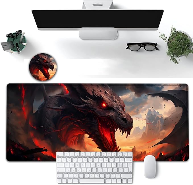 Large Mouse Pad, 31.5 x 11.8in Extended Gaming Mouse Pad with Stitched Edges, XXL Mousepad Protector Non Slip Rubber Base for Office and Home Writing Mat, Anime Fire Dragon Pattern Black Desk Mat
