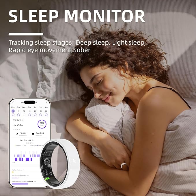 Smart Ring, Ceramics Fitness Tracker & Health Monitoring Ring with Heart Rate Sleep Tracking, Multi-Sport Activity Tracker, 5ATM Waterproof, iOS Android Compatible(White, 9)