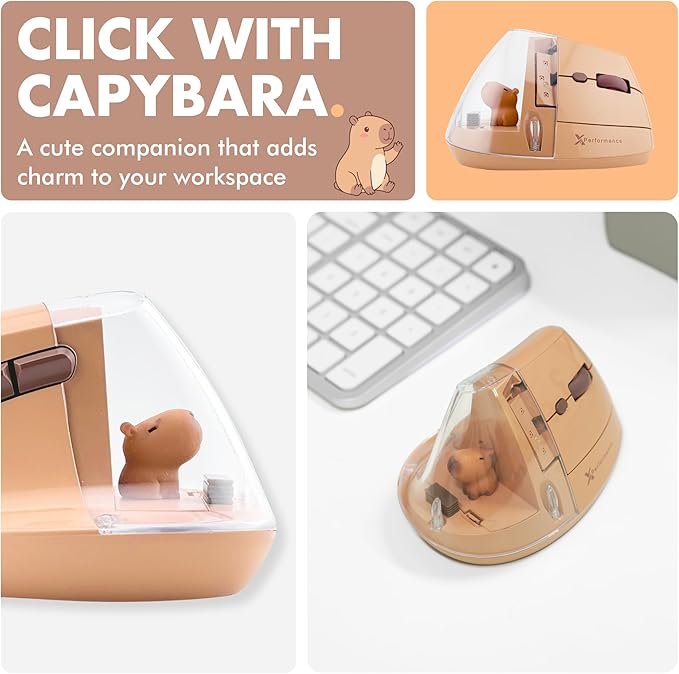 X9 Performance Wireless Vertical Ergonomic Mouse - Click with Capybara - (BT + 2.4G) Up to 4000 DPI, 6 Button, Rechargeable - Bluetooth Ergonomic Vertical Mouse Wireless - for Mac and PC - Brown