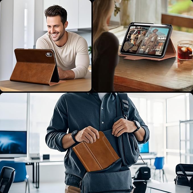 Gexmil Premium Leather Case for iPad mini 7 (A17 Pro) 2024 / iPad mini 6 Generation 2021 8.3 Inch,Pencil Holder, Magnetic Closure,Shockproof Cowhide Cover,Adjustable Stand,Yellow Brown