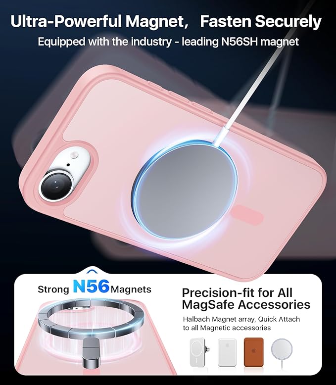 Eastinbox Magnetic Shockproof for iPhone 17e & iPhone 16e Case [Compatible with MagSafe] [Military-Grade Protection] Anti-Yellowing, Matte Protective Phone Case for iPhone 17 e/16 e 6.1", Pink