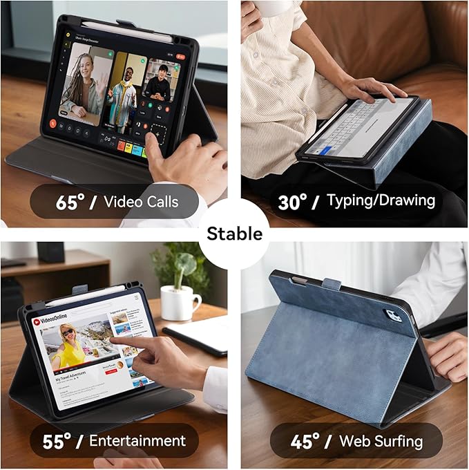 Handmade Case for iPad Pro 11 Inch (M5/M4) 2025/2024 with Pencil Holder Pocket,Magnetic Closure,Auto Sleep/Wake,Vegan Leather Folio Protective Cover,Multi Angles Stand,Light Blue