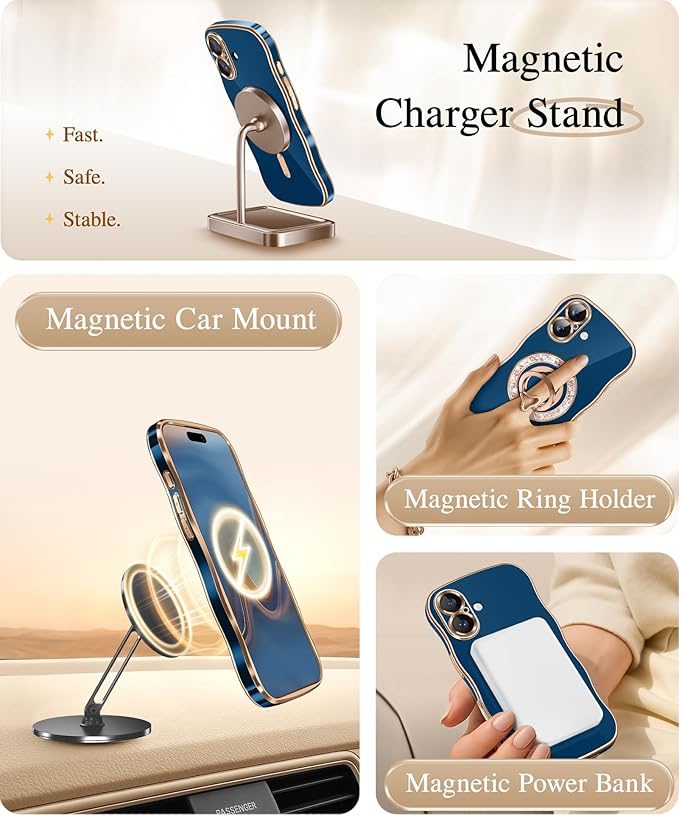 GVIEWIN for iPhone 17 Case Compatible with MagSafe, Upgraded [Full Camera Protection][Cute Wave Frame][Military Grade Protection] Electroplated Hard Phone Cover for Women Girl, Blue