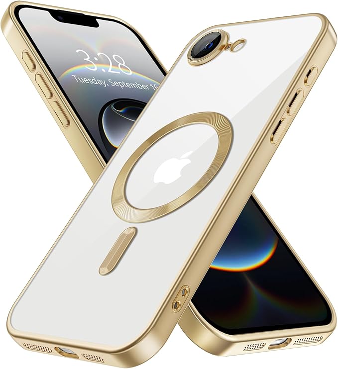 Hython Magnetic Clear for iPhone 16e Case with Camera Lens Protector [Compatible with MagSafe] Luxury Plating Edge Slim Soft TPU Cover Protective Phone Case for iPhone 16e 6.1", Matte Gold