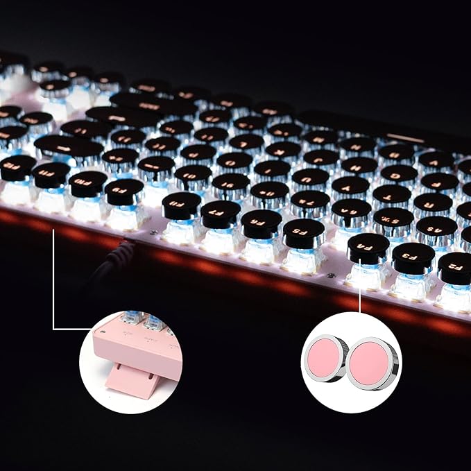 YSCP Typewriter Style Mechanical Gaming Keyboard White Backlit Wired with Blue Switch Retro Round Keycap 104 Keys Keyboard (Pink)