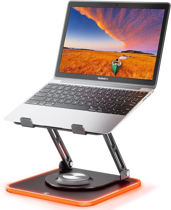JOYEKY RGB Laptop Stand for Desk, Adjustable Ergonomic Laptop Riser with 360° Rotating Base, Foldable & Portable Computer Stand, Suitable for All 10-16” Laptops