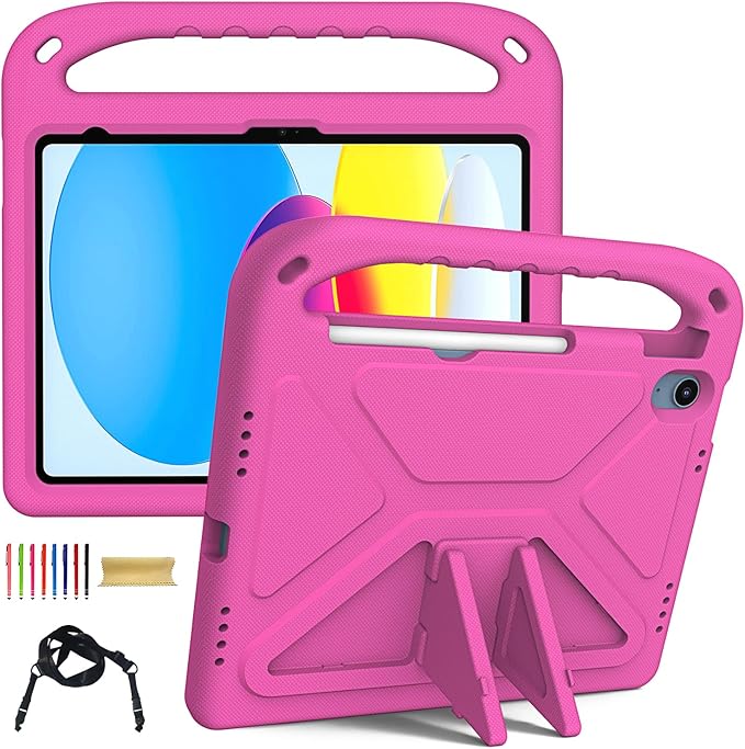 for iPad A16 Case 11th Generation 2025 11 Inch, iPad 10th Generation 10.9" 2022 Case, Kids Friendly Lighweight EVA Foam Shoulder Strap Shockproof Stand Cover for Girls Boys, Rose
