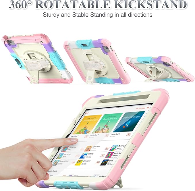SEYMAC stock Case for iPad Air 5th/4th Generation/Pro 11 (4th/3rd/2nd) with Screen Protector Pen Holder, 360° Rotate Hand Strap/Stand Case for iPad Air 5th/4th Gen 10.9''/ Pro 11'' (Yellowish+Pink)