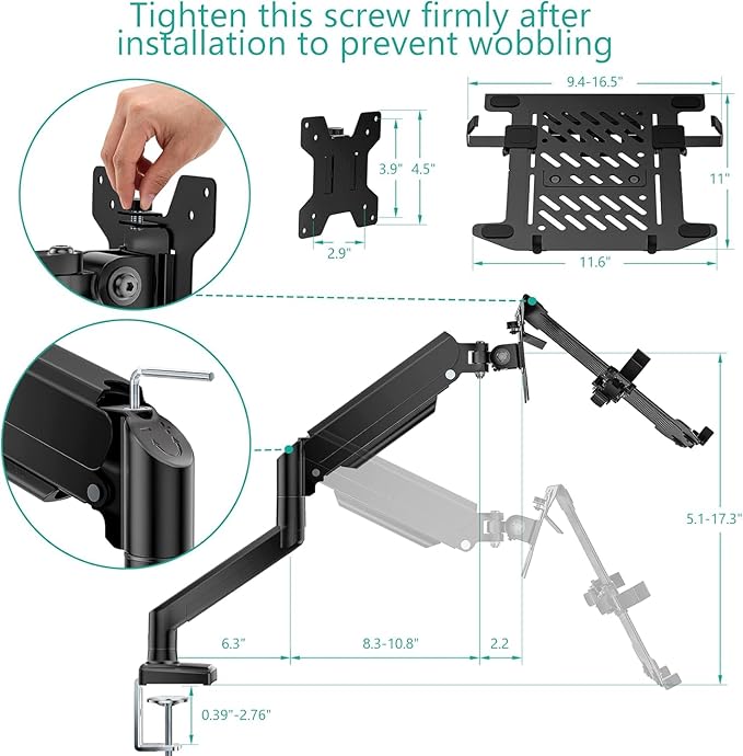 WALI Single Arm Laptop and Monitor Desk Mount for 17" Notebook and Up to 32" Screen, 2-in-1 Adjustable Monitor Arm with Laptop Tray, VESA 75x75 100x100,Holds 22-26.4 lbs, Black (GSMP001NLP)