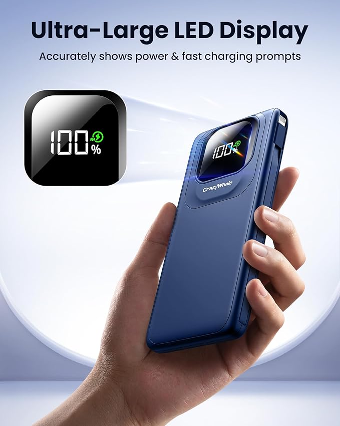 Portable Charger with Built-in Cables,22.5W Super Fast Charging Power Bank Slim Phone Charger,10000mAh Travel Battery Pack Battery Bank with Smart LED Display for iPhone, Android & USB-C (Blue)