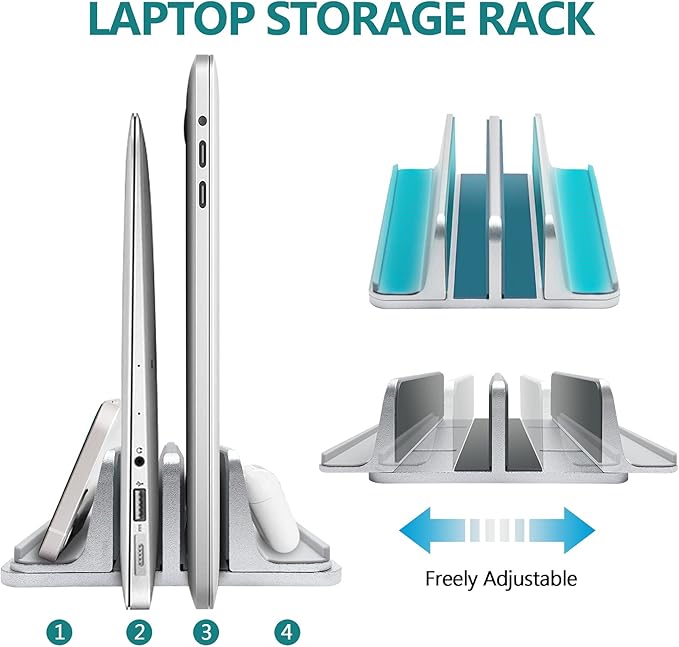 Vertical Laptop Stand for Desk Aluminum Heavy Duty, 4 Slots Adjustable Laptop Holder MacBook Stands Compatible All iPad Surface Samsung HP Chromebook iPad Pro Air Upto 17.5'- Silver