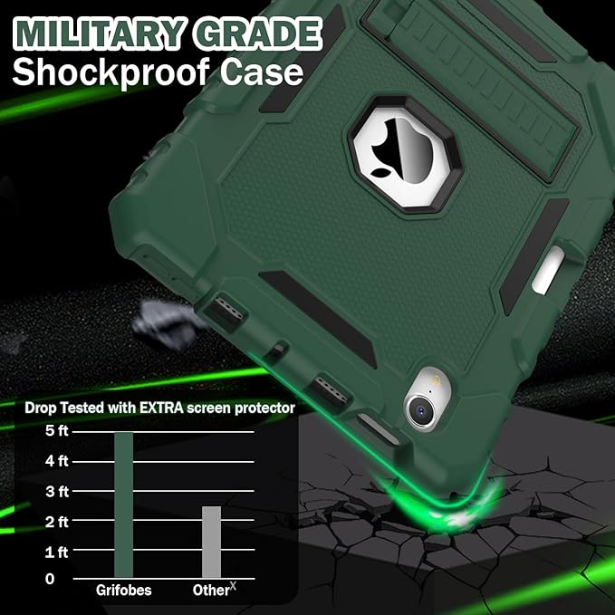 Grifobes Case for iPad mini 7 (A17 Pro) 2024 / Mini 6 2021 8.3 inch, Heavy Duty Shockproof Rugged Cover with Pencil Holder Stand, for I Pad Mini 7th/6th Gen 8.3" Case (Deep Green)