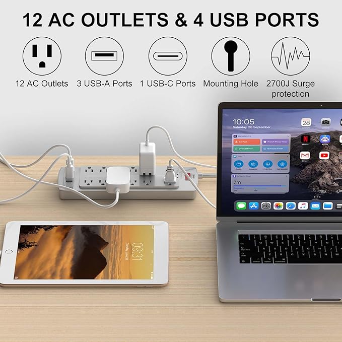 Power Strip, ALESTOR Surge Protector with 12 Outlets and 4 USB Ports, 10 Feet Extension Cord (1875W/15A), 2700 Joules, ETL Listed, Grey