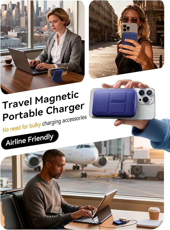 Magnetic Power Bank, 10000mAh Wireless Portable Charger with 20W USB-C Fast Charging, Foldable Stand & LED Display Battery Pack, Compatible with iPhone 16/15/14/13, Dark Blue