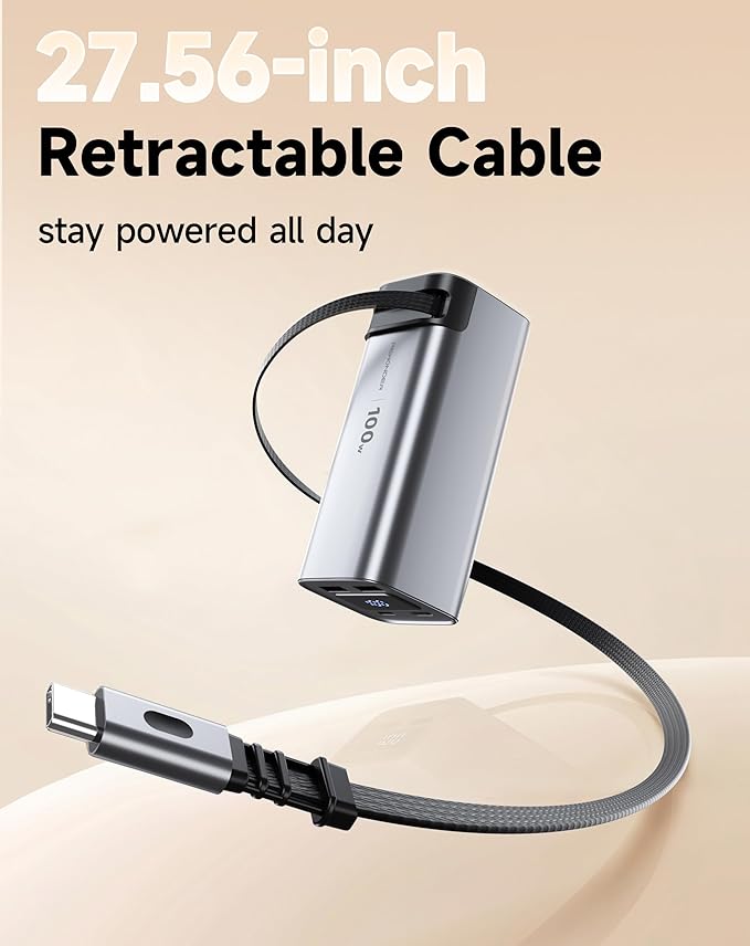 REWONDER 100W Power Bank Fast Charging 20000mAh with Built-in Retractable USB-C Cable, Portable Charger for MacBook Laptop, iPhone 17/16 Series, Samsung, TSA Approved for Air Travel