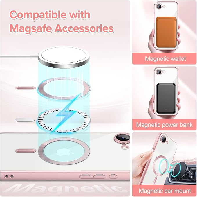 Hython Magnetic Clear for iPhone 17e Case with Camera Lens Protector [Compatible with MagSafe] Luxury Plating Edge Slim Soft TPU Cover Protective Phone Case for iPhone 17e 6.1", Matte Pink