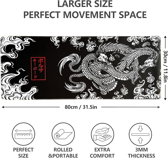 Loong XL XXL Gaming Desk Mat with World Map (31.5 x 11.8in), Anti-Slip and Waterproof Rubber Mouse Pad & Keyboard Mat (3MM Thick)