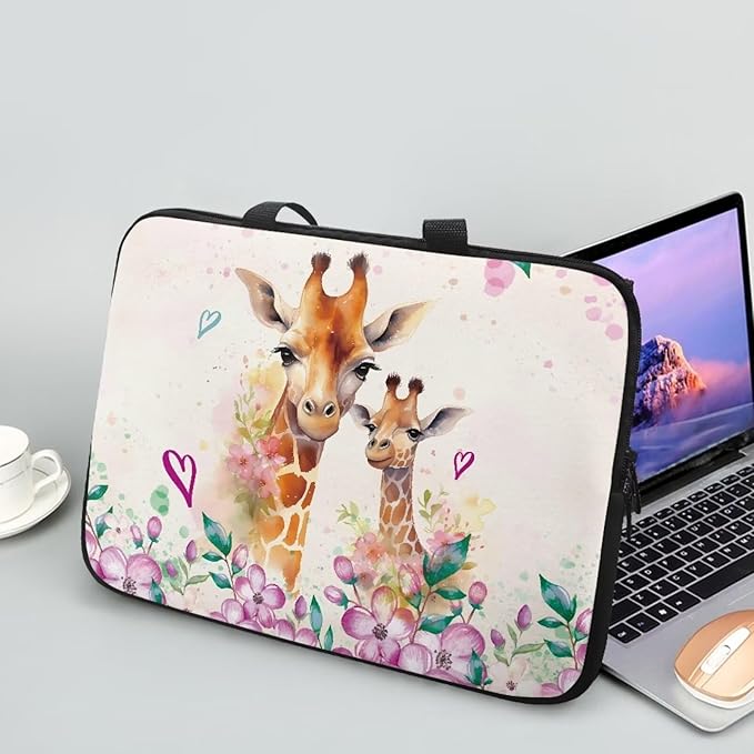 10 Inch Giraffe Flowers Laptop Sleeve, Laptop Cover Computer Bag Tablet Carrying Case with Handle, Zipper Tote Bags Notebook Sleeves Handbag Messenger Briefcase for Men Women