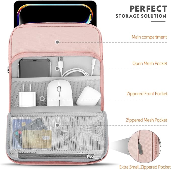 MoKo 10-13 Inch Tablet Sleeve Bag Carrying Case with Pockets Fits New 13 Inch iPad Pro M5 & Air M3, Pro 12.9/11 in,iPad 10th/Air 5/4th 10.9, i-Pad 7/8/9th 10.2, Galaxy Tab S8+/S9+ 12.4, Pink