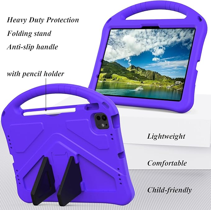 Kids Case for iPad Pro 11-Inch 2022/2021/2020/2018 (4th/3rd/2nd/1st Generation) & iPad Air 5th/4th Gen Case 2022/2020 10.9" with Kickstand/Handle/Pencil Holder Stand Girl Boy Cover, Purple