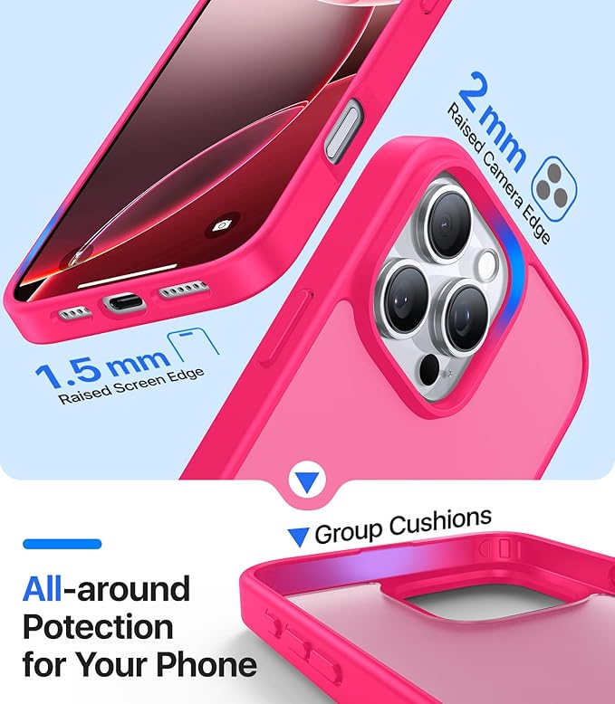 for iPhone 16 Pro Case, [Military-Grade Drop Protection][Anti-Yellowing] Shockproof Protective Translucent Matte Cover for iPhone 16 Pro Phone Case,Hot Pink