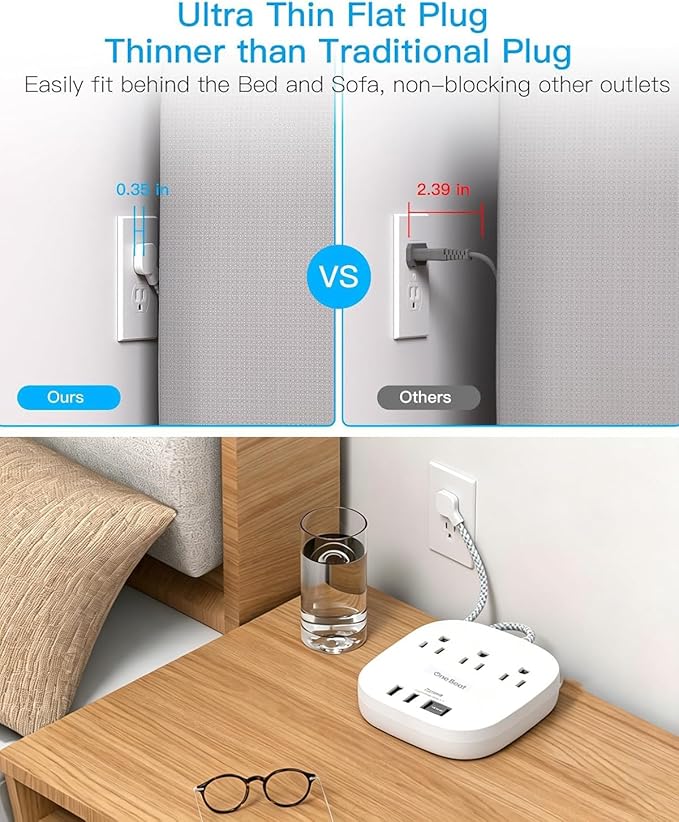 10 Ft Long Extension Cord, Cruise Ship Power Strip, 22.5W/4.5A Flat Plug Power Strip with 3 Oultets 4 USB(2 USB C) 10ft Power Strip No Surge Protection for Home Office College Dorm Room Essentials