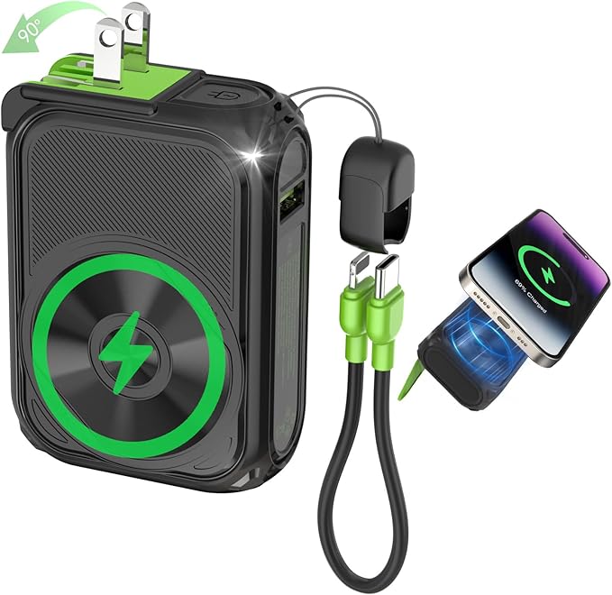 SEANCHEER P05 Portable Charger, Magnetic Power Bank, Small Wireless PowerBank,Emergency Battery Pack 10000mAh Travel Essentials Fast Charging with Built in Cable, Wall Plug for iPhone,Samsung,Andriod