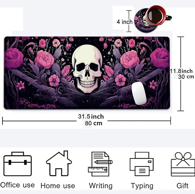 Large Mouse Pad, 31.5 x 11.8in Extended Gaming Mouse Pad with Stitched Edges, XXL Mousepad Protector Non Slip Rubber Base for Office and Home Writing Mat, Skulls and Pink Flowers Black Desk Mat