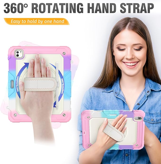 HXCASEAC for iPad Pro 13 Inch Case (M5/M4) 2025/2024, Shockproof Design with Pencil Holder, Protector, Rotating Stand, Hand Strap, Heavy Duty Protective iPad Pro13 Cover A3360 A2925, Rainbow Pink