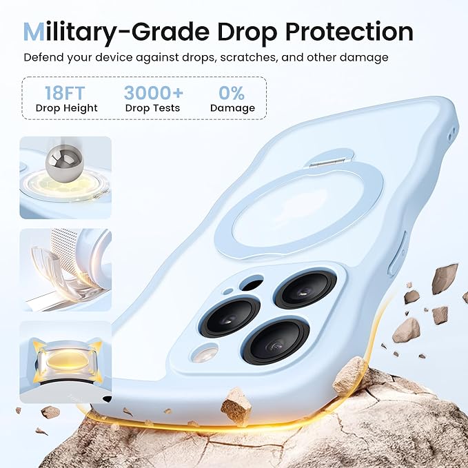 CAPRARO for iPhone 14 Pro Max Case with 360° Spin Magnetic Stand for Women, [Compatible with MagSafe] [Full Camera Protection] Cute Wave Translucent Matte Case for iPhone 14 Pro Max, Light Blue
