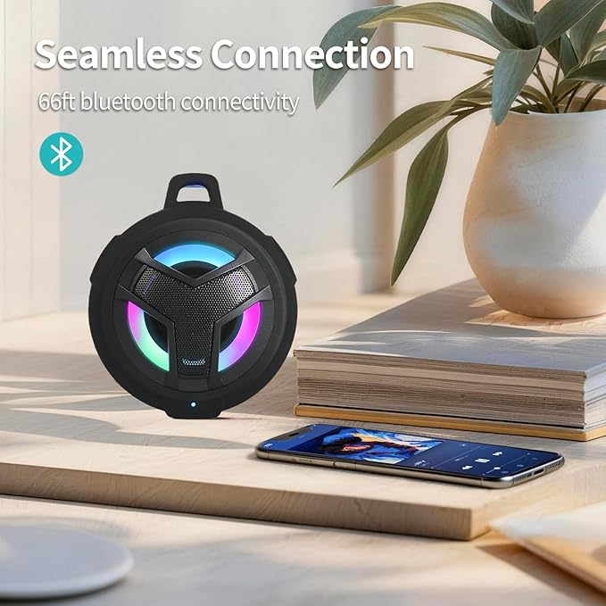 EBODA Bluetooth Shower Speaker, Portable Bluetooth Speakers, IP67 Waterproof Wireless Speaker with LED Light, Floating, 2000mAh, True Wireless Stereo for Kayak, Beach, Gifts for unisex -Black