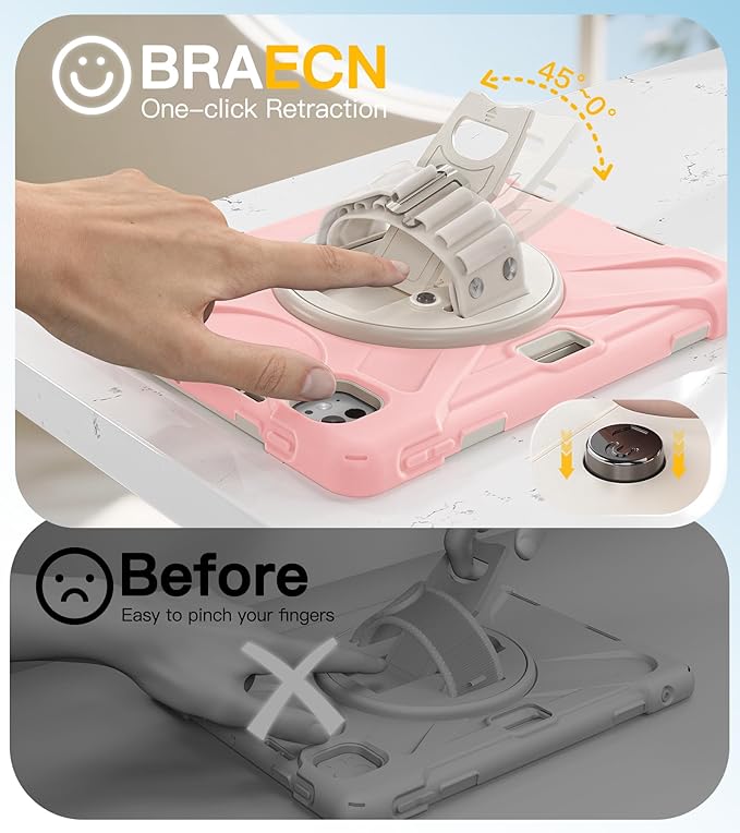 BRAECN Case for iPad Pro 11 inch M5 2025 & M4 2024, 4 Layers Heavy Duty Full-Body Protection Screen Protector Pencil Holder, 360° Rotating Handle Kickstand, Shoulder Strap Kids Friendly